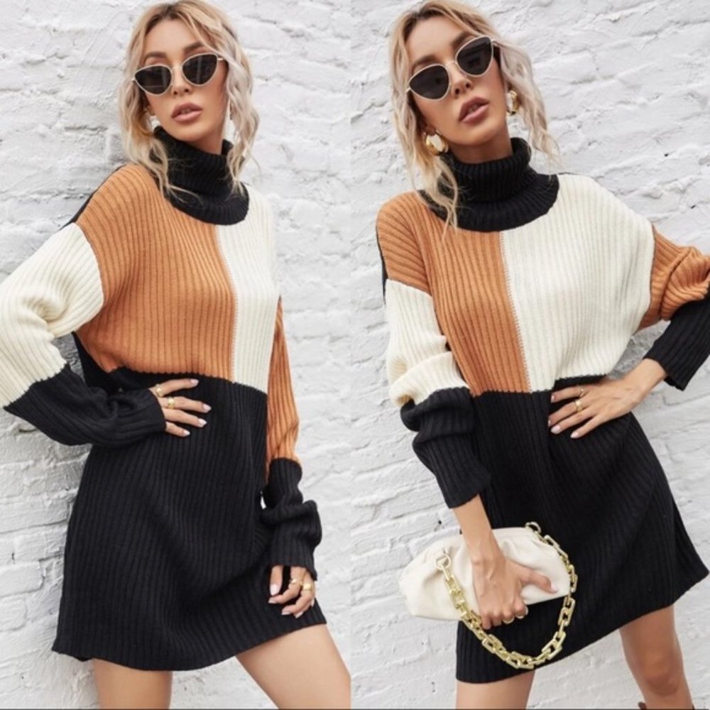 🔥TURTLENECK COLOR BLOCK SWEATER DRESS - Picture 3 of 3